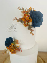 Load image into Gallery viewer, FULL SET cake decoration flower floral arrangement navy blue Burnt Orange roses topper