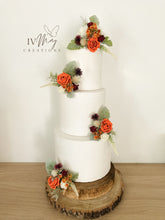 Load image into Gallery viewer, FULL SET Wedding Christening Cake Flower Arrangement Topper & Decorations Roses - burnt orange and burgundy red - Thistles