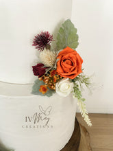 Load image into Gallery viewer, FULL SET Wedding Christening Cake Flower Arrangement Topper & Decorations Roses - burnt orange and burgundy red - Thistles