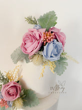 Load image into Gallery viewer, FULL SET Wedding Christening Cake Flower Arrangement Topper & Decorations Roses - Dusty Blue dusty pink - Thistles