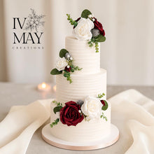 Load image into Gallery viewer, FULL SET Wedding Christening Cake Flower Arrangement Topper &amp; Decorations Roses - Burgundy - white and thistles
