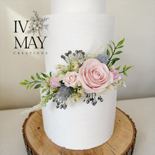 Load image into Gallery viewer, FULL SET Wedding Christening Cake Flower Arrangement Topper &amp; Decorations Roses - Dusty Pink - Blush Pink - Cream - Blue Berry Mix
