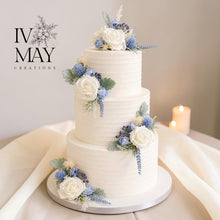 Load image into Gallery viewer, Dusty Blue Rose Cake Flower Arrangement: Wedding Christening Topper
