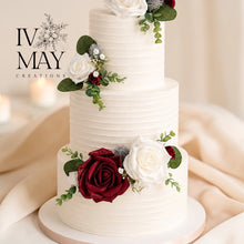 Load image into Gallery viewer, FULL SET Wedding Christening Cake Flower Arrangement Topper &amp; Decorations Roses - Burgundy - white and thistles
