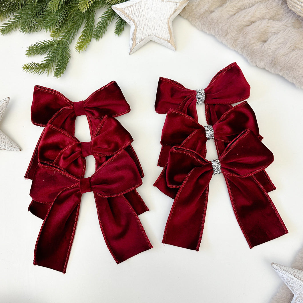 Set of 3 or 6 Luxury Christmas tree Burgundy Velvet bows -Clip on