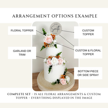 Load image into Gallery viewer, White Blush Pink Burnt Orange gypsophila eucalyptus leaf cake topper wedding decorations floral arrangement - Custom Personalised Topper
