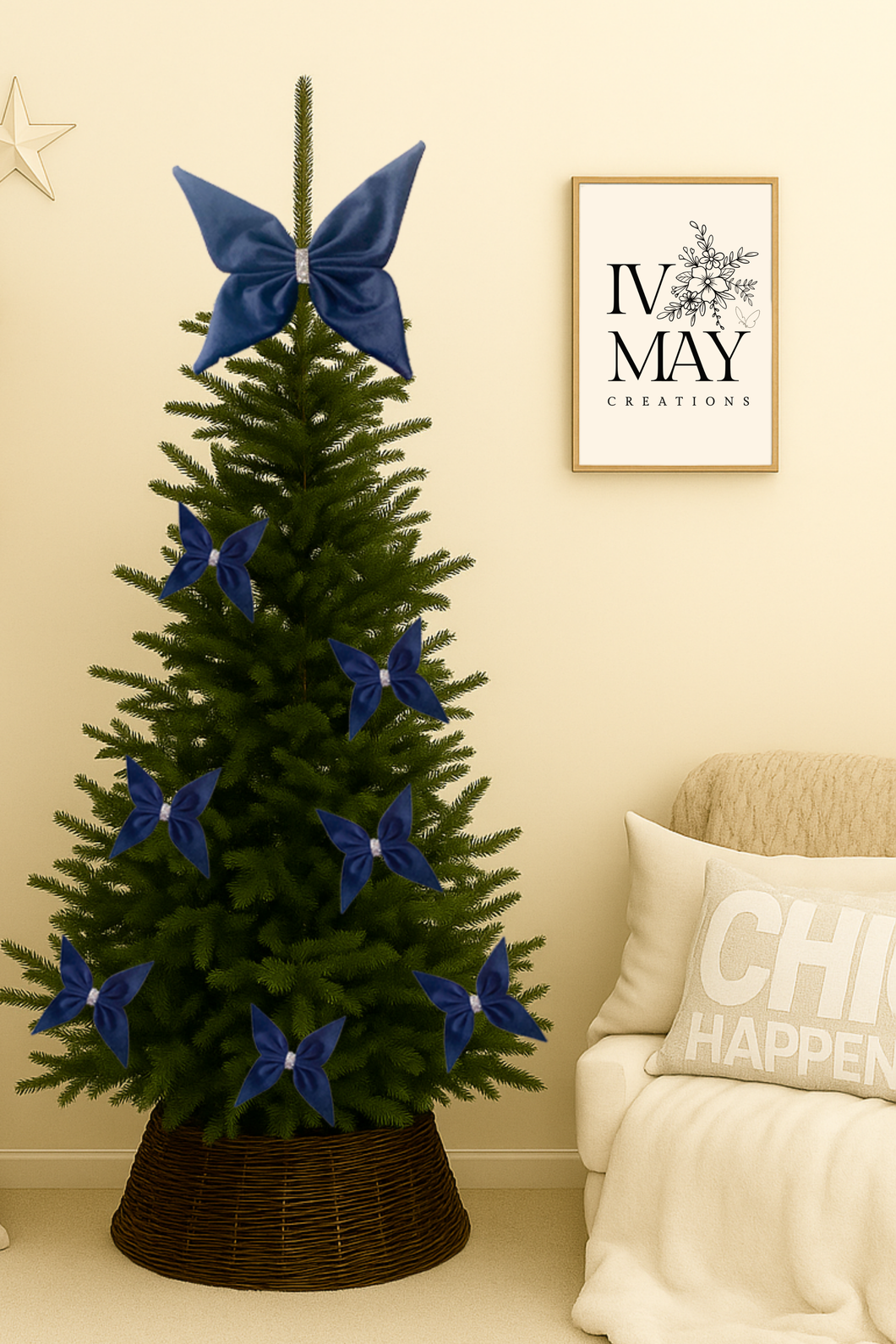 Handmade - Large Velvet Christmas Tree Bow Topper - Christmas tree butterfly - Navy Blue