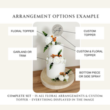 Load image into Gallery viewer, FULL SET White and Burnt Orange gypsophila eucalyptus leaf cake topper wedding decorations floral arrangement - Custom Personalised Topper

