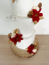 Load image into Gallery viewer, Christmas cake decoration - Wedding Cake Flower Arrangement Topper &amp; Decorations Roses - Red and gold poinsettia - pine cone

