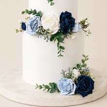 Load image into Gallery viewer, Custom Personalised Topper Dusty blue and Navy gypsophila eucalyptus leaf cake topper wedding decorations floral arrangement
