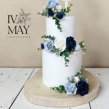 Load image into Gallery viewer, Dusty Blue Wedding Cake Topper: Navy Gypsophila Eucalyptus Floral Arrangement
