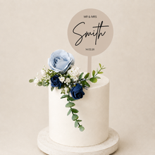 Load image into Gallery viewer, Custom Personalised Topper Dusty blue and Navy gypsophila eucalyptus leaf cake topper wedding decorations floral arrangement
