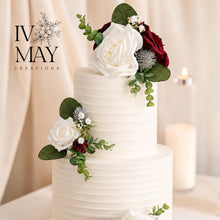 Load image into Gallery viewer, FULL SET Wedding Christening Cake Flower Arrangement Topper &amp; Decorations Roses - Burgundy - white and thistles
