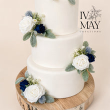 Load image into Gallery viewer, FULL SET Wedding Christening Cake Flower Arrangement Topper &amp; Decorations Roses - Navy Blue
