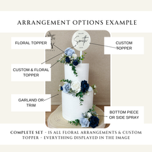 Load image into Gallery viewer, Custom Personalised Topper Dusty blue and Navy gypsophila eucalyptus leaf cake topper wedding decorations floral arrangement
