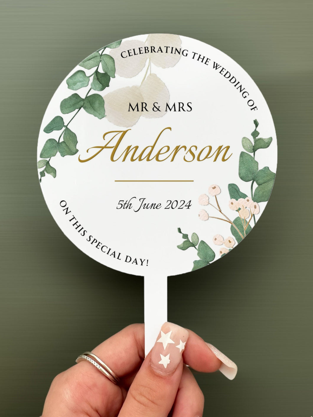 Personalised Printed Wedding Day Cake Topper - Eucalyptus Gold