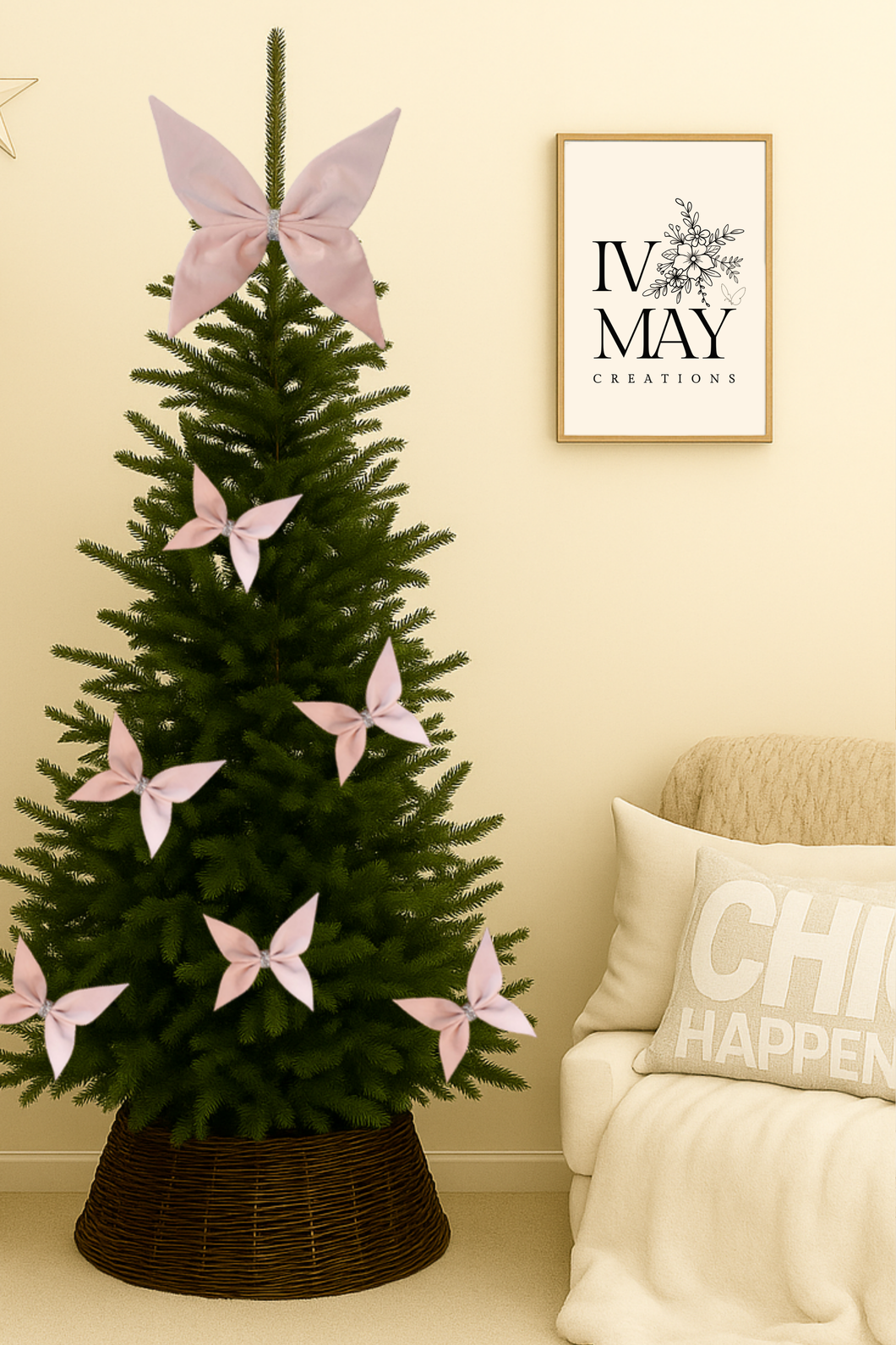 Handmade - Large Velvet Christmas Tree Bow Topper - Christmas tree butterfly - Blush Pink