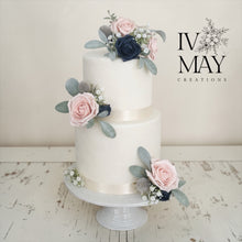 Load image into Gallery viewer, FULL SET Wedding Christening Cake Flower Arrangement Topper &amp; Decorations Roses - Navy Blue - Blush Pink

