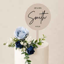 Load image into Gallery viewer, Custom Personalised Topper Dusty blue and Navy gypsophila eucalyptus leaf cake topper wedding decorations floral arrangement
