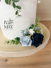 Load image into Gallery viewer, FULL SET Dusty blue and Navy gypsophila eucalyptus leaf cake topper wedding decorations floral arrangement - Custom Personalised Topper
