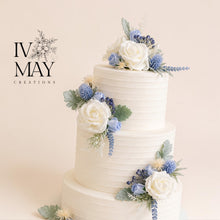 Load image into Gallery viewer, Dusty Blue Rose Cake Flower Arrangement: Wedding Christening Topper

