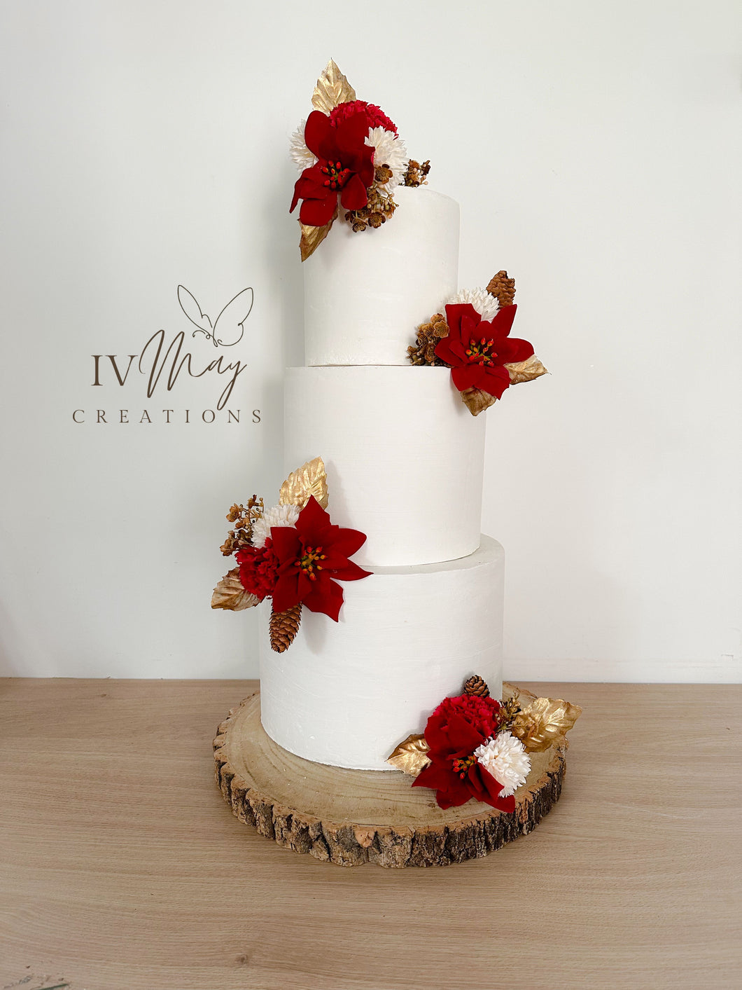 Christmas cake decoration - Wedding Cake Flower Arrangement Topper & Decorations Roses - Red and gold poinsettia - pine cone