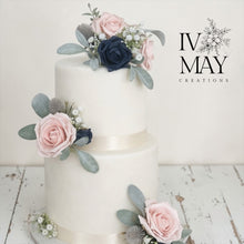 Load image into Gallery viewer, FULL SET Wedding Christening Cake Flower Arrangement Topper &amp; Decorations Roses - Navy Blue - Blush Pink
