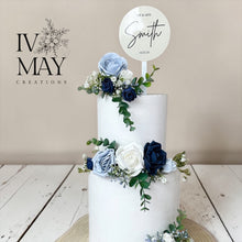 Load image into Gallery viewer, Dusty Blue Wedding Cake Topper: Navy Gypsophila Eucalyptus Floral Arrangement
