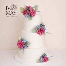 Load image into Gallery viewer, FULL SET Wedding Christening Cake Flower Arrangement Topper &amp; Decorations Roses - Dusty Blue - Thistles
