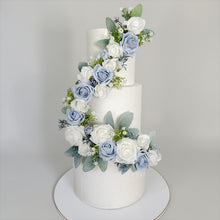 Load image into Gallery viewer, Wedding Christening cake flower arrangement topper Garland Trim Decoration Foam Roses Dusty Blue and white
