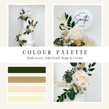 Load image into Gallery viewer, Personalised Cake Topper - Wedding Christening Artificial Dried style Cake Flower Arrangement Topper &amp; Decorations Roses - Cream - Blush Peach - Dark green
