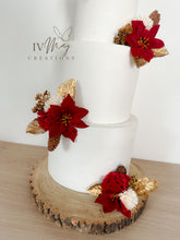 Load image into Gallery viewer, Christmas cake decoration - Wedding Cake Flower Arrangement Topper &amp; Decorations Roses - Red and gold poinsettia - pine cone
