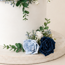 Load image into Gallery viewer, Custom Personalised Topper Dusty blue and Navy gypsophila eucalyptus leaf cake topper wedding decorations floral arrangement
