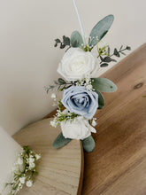 Load image into Gallery viewer, Cake hoop Flowers Dusty blue lavender gypsophila eucalyptus leaf cake topper wedding decorations floral arrangement - Custom Colours
