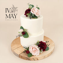 Load image into Gallery viewer, FULL SET Wedding Christening Cake Flower Arrangement Topper &amp; Decorations Roses - Burgundy - Blush Pink
