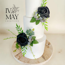 Load image into Gallery viewer, Black &amp; Grey Wedding christening cake flower arrangement topper foam roses more colours available
