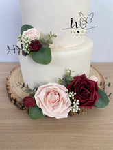 Load image into Gallery viewer, FULL SET Wedding Christening Cake Flower Arrangement Topper &amp; Decorations Roses - Burgundy - Blush Pink
