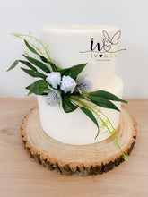 Load image into Gallery viewer, Wedding cake flower arrangement - Pale blue thistles - greenery decorations - cake flowers
