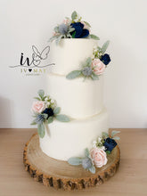 Load image into Gallery viewer, FULL SET Wedding Christening Cake Flower Arrangement Topper &amp; Decorations Roses - Navy Blue - Blush Pink
