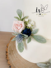 Load image into Gallery viewer, FULL SET Wedding Christening Cake Flower Arrangement Topper &amp; Decorations Roses - Navy Blue - Blush Pink
