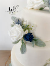Load image into Gallery viewer, FULL SET Wedding Christening Cake Flower Arrangement Topper &amp; Decorations Roses - Navy Blue
