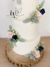 Load image into Gallery viewer, FULL SET Wedding Christening Cake Flower Arrangement Topper &amp; Decorations Roses - Navy Blue - Blush Pink
