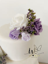 Load image into Gallery viewer, FULL SET Wedding Christening Cake Flower Arrangement Topper &amp; Decorations Roses - mauve - Purple - Dusty
