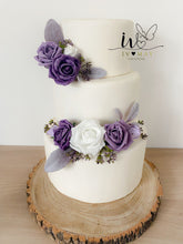 Load image into Gallery viewer, Purple Foam Rose Cake Flower Arrangement: Wedding Christening Decor
