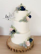 Load image into Gallery viewer, FULL SET Wedding Christening Cake Flower Arrangement Topper &amp; Decorations Roses - Navy Blue - Blush Pink

