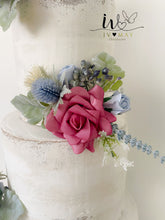 Load image into Gallery viewer, FULL SET Wedding Christening Cake Flower Arrangement Topper &amp; Decorations Roses - Dusty Blue - Thistles
