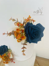 Load image into Gallery viewer, FULL SET cake decoration flower floral arrangement navy blue Burnt Orange roses topper
