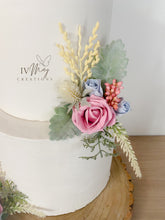 Load image into Gallery viewer, FULL SET Wedding Christening Cake Flower Arrangement Topper &amp; Decorations Roses - Dusty Blue dusty pink - Thistles
