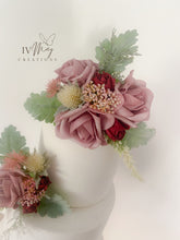 Load image into Gallery viewer, FULL SET Wedding Christening Cake Flower Arrangement Topper &amp; Decorations Roses - Dusty pink - Thistles
