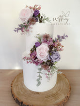 Load image into Gallery viewer, Boho Cake Floral Arrangement: Blush Pink, Purple Foam Roses
